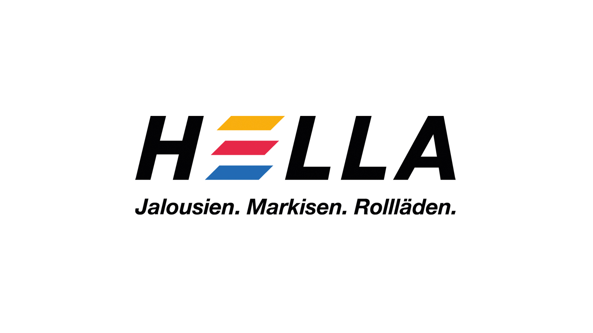 Hella Logo mit farbigen Streifen und Slogan für Jalousien, Markisen und Rollläden.