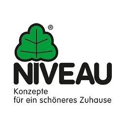 Logo von Niveau mit grünem Blatt und Text „Konzepte für ein schöneres Zuhause“ darunter.