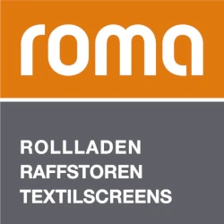 Logo von Roma mit Schriftzug für Rollladen, Raffstoren und Textilscreens auf farbigem Hintergrund.